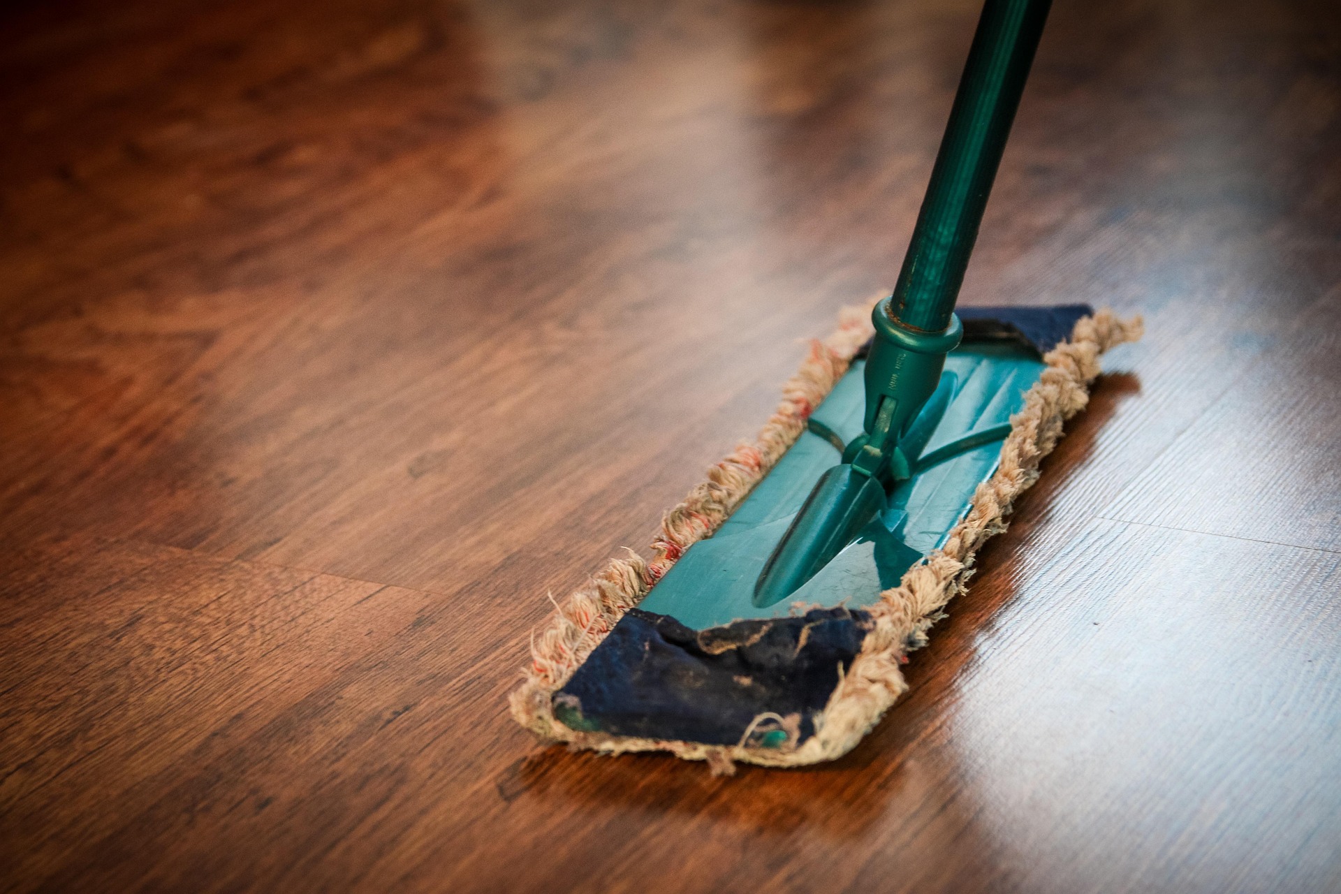 Personne nettoyant un parquet brun foncé à l'aide d'une serpillière.